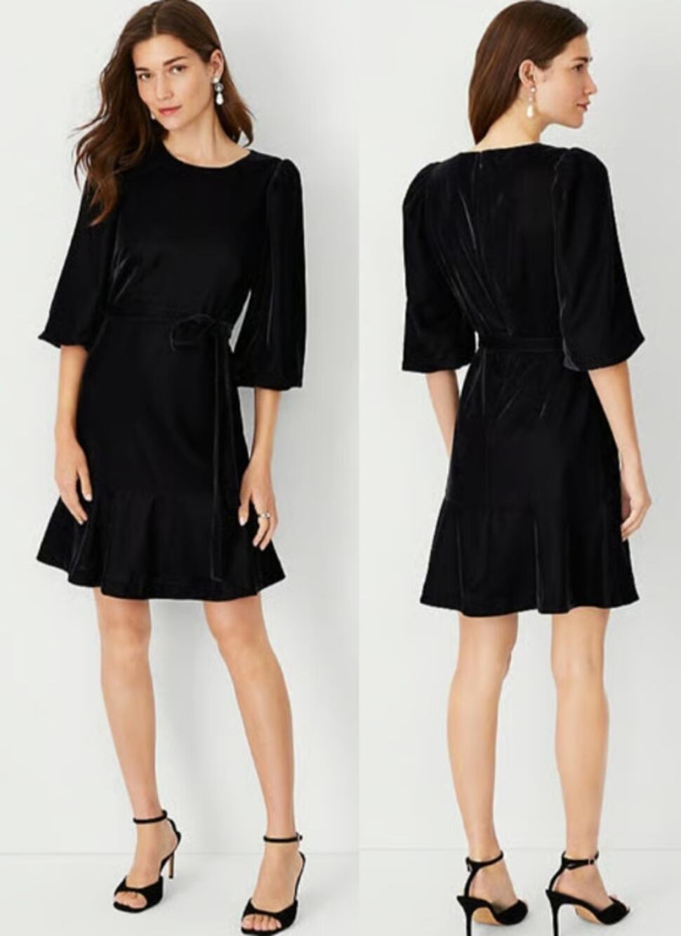 Ann Taylor Velvet Puff Sleeve Flounce Knee Length Shift Dress Black Women's 12